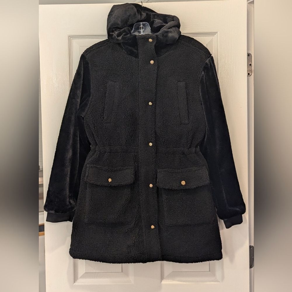 New Eden Society Womens Black sherpa Jacket Coat snap button Pockets Hooded sz S